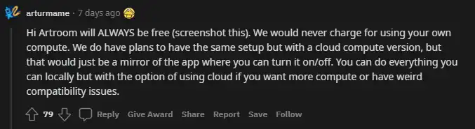 u/arturmame stating Artroom will stay free.